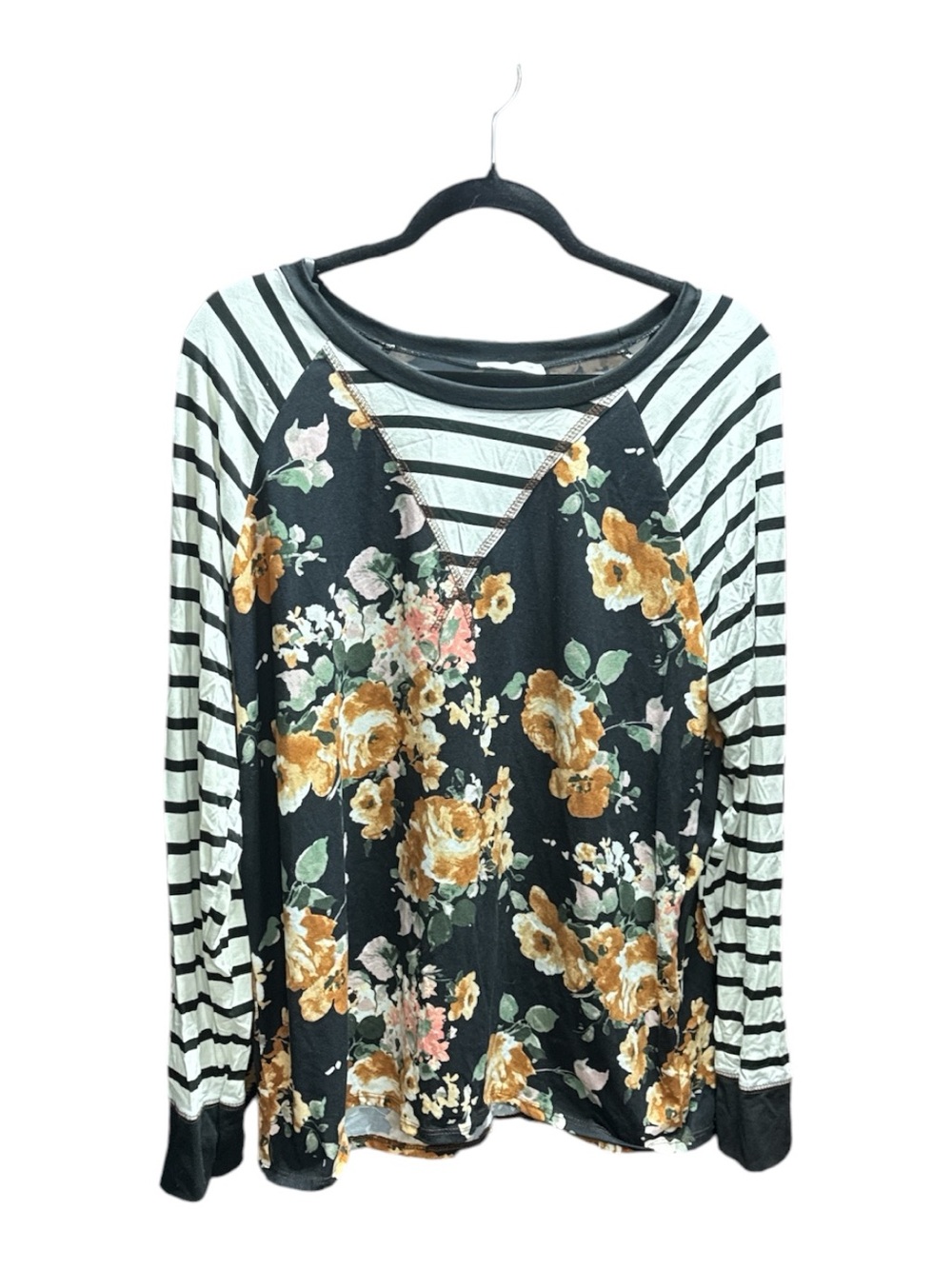 Floral & Striped Long-Sleeve Raglan Top - Black Mustard